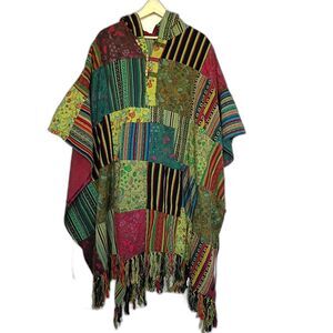 Kathmandu Imports Patchwork Mushroom Poncho Serape Cloak Hooded Hippie Deadhead